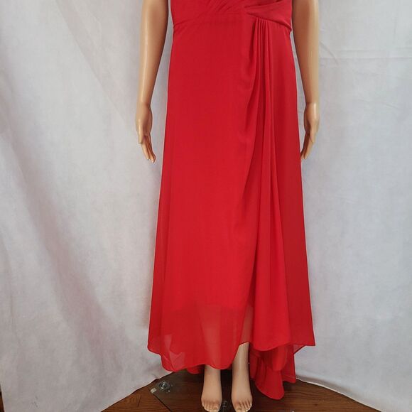 New Bridesmaid Special Occ (16W) Red Chiffon Sleeveless Pleated High-Low Dress - Picture 3 of 9